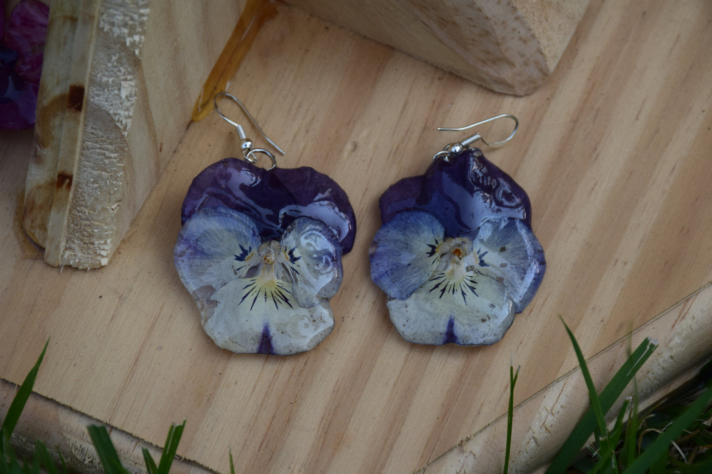 Real Preserved Pansy Flower Earrings